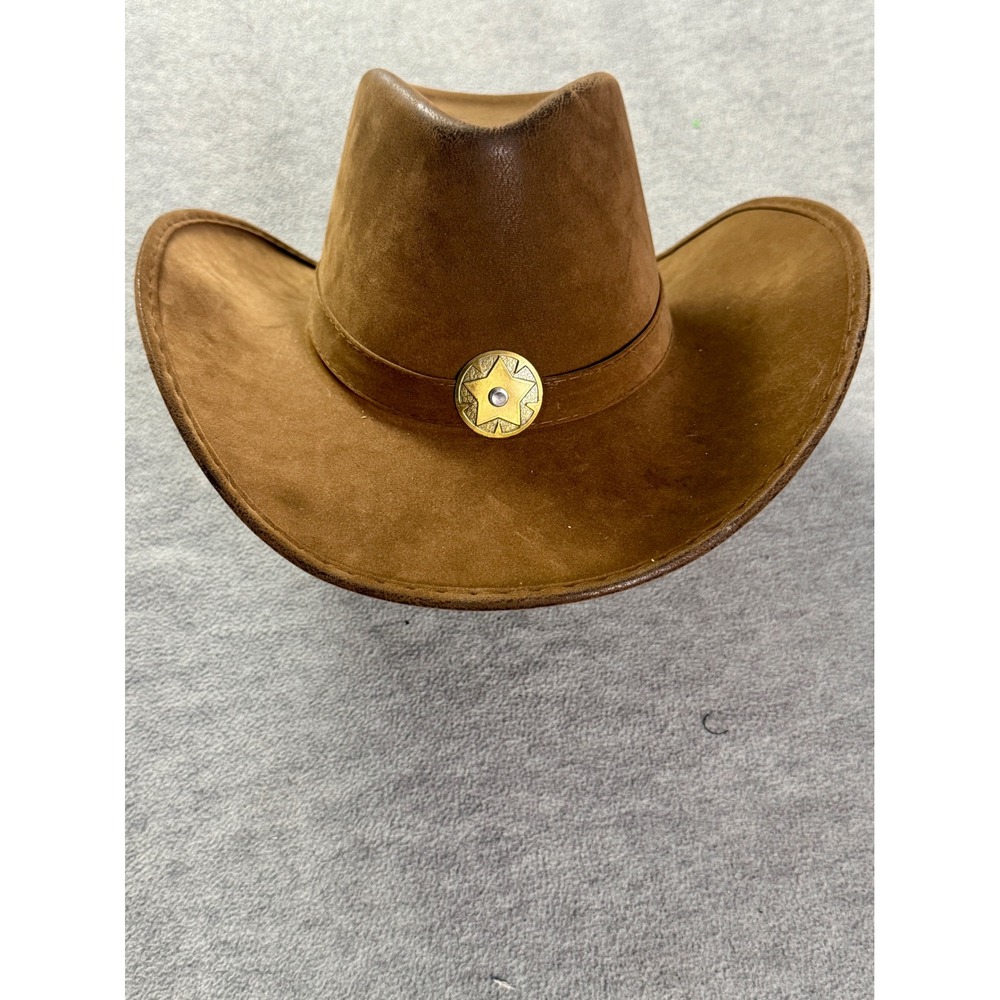 Brown Faux Suede Cowboy Hat with Gold Sheriff Star Concho Western Costume Hat